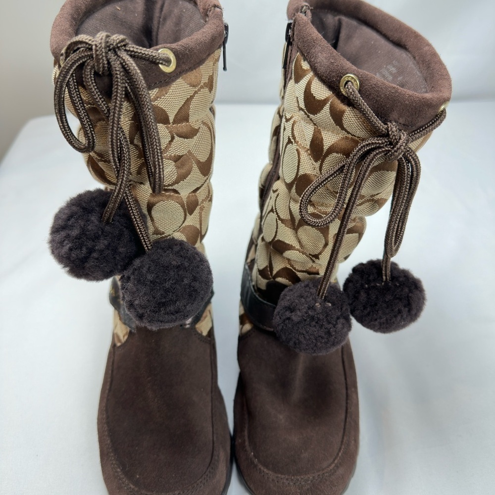 Coach Brown and Tan Patterned Boots with Pom Poms (Size 8)
